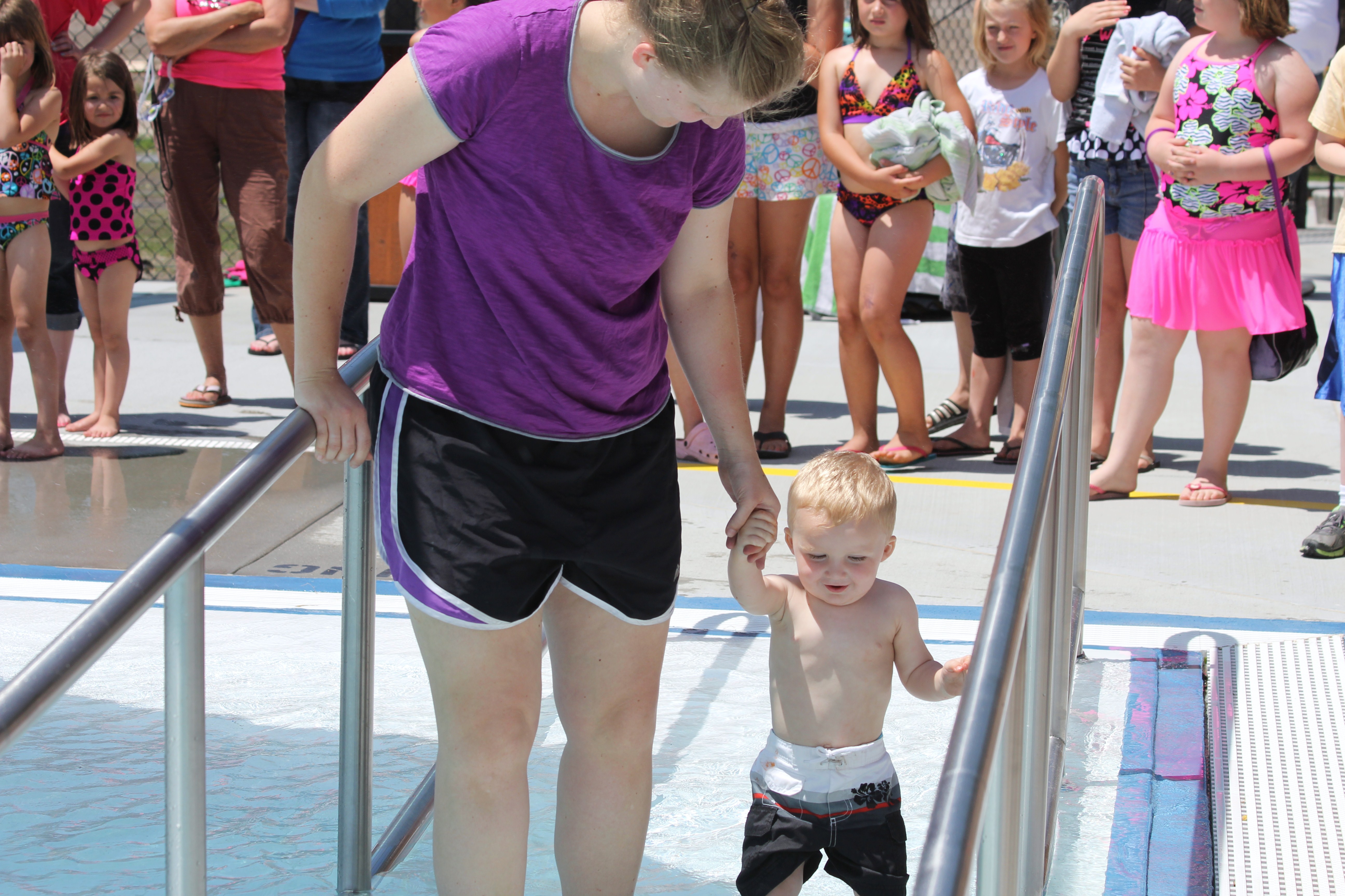 Heading into the pool for the first time.